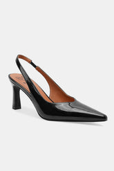 Black faux leather point toe slingback pumps with a sleek design and stylish heel, perfect for versatile occasions.